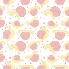 Cute seamless pattern with various snails. Children's print in pastel colors. Wallpaper or bedding design for a nursery. Ornament for baby girl's clothes.