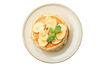Tasty pancakes with sliced banana isolated on white, top view
