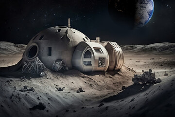 Fototapeta na wymiar Base spatiale installée sur la lune, imprimée en 3D - generative ai 