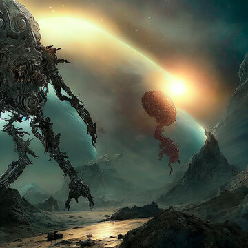  Ilustraci&oacute;n T&eacute;cnica Mixta Paisaje Futurista Planeta Ciencia Ficci&oacute;n Guerra Estelar Interestelar Extraterrestres Humanoides Maquinas Matrix