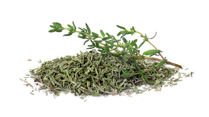 Pile of dried thyme and fresh herb isolated on white