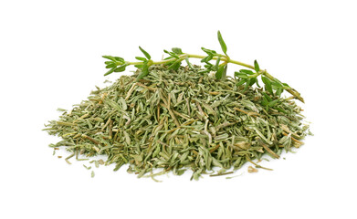 Pile of dried thyme and fresh herb isolated on white
