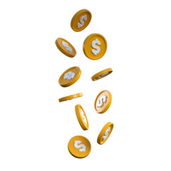 3D illustration of golden coins with white dollar symbols falling down