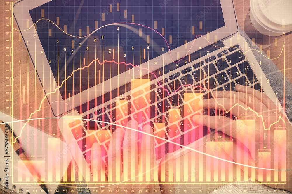 Poster double exposure of man's hands typing over computer keyboard and forex graph hologram drawing. top v
