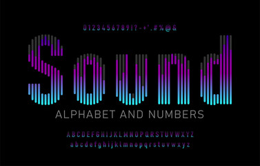 Colorful sound wave style font design, alphabet letters, signs, symbols and numbers. Vector illustration