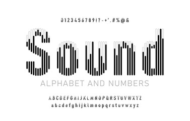 Black and white sound wave style font design, alphabet letters, signs, symbols and numbers. Vector illustration