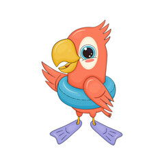 Cute orange parrot with swim fins and rubber ring . Illustration of summer cartoon vector character for kids design