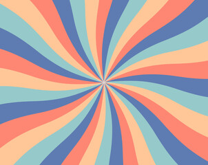 Striped spiral psychedelic groovy background, wavy banner, vector abstract old fashioned art in 1970s groovy style.