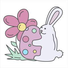 Vector cute easter illustration of a rabbit with egg and flower.