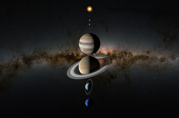 Planets of our solar system - Mercury, Venus, Earth, Mars, Jupiter, Saturn, Uranus, and Neptune - 3d illustration, front view © LASZLO