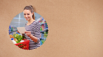 Fototapeta premium Happy woman doing grocery shopping at the supermarket
