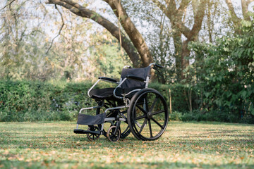 Fototapeta na wymiar Empty wheelchair in retirement home corridor.