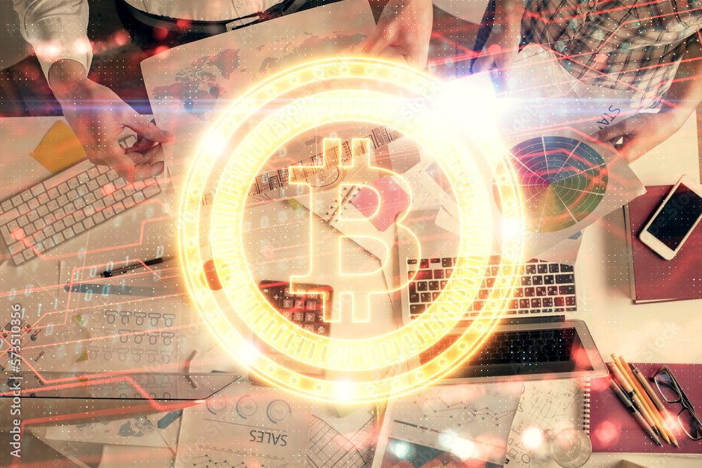 Poster double exposure of man and woman working together and crypto theme hologram drawing. computer backgr