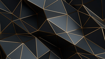 Black and gold abstract background. Abstract background for presentation template. Parametric Low poly triangle. 3d rendering