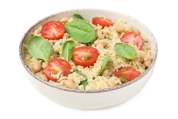 Delicious quinoa salad with tomatoes, beans and spinach leaves isolated on white