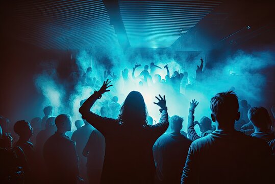 Photo of big company people rise hands have crazy fun wear stylish trendy outfit modern club indoors, blue neon lights. Ai generative.