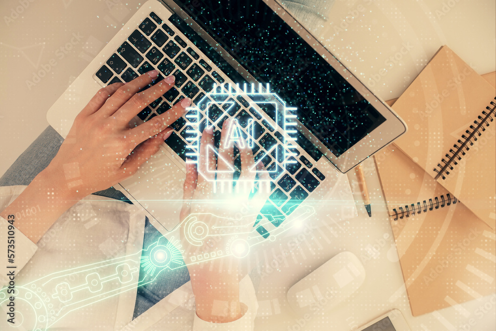 Poster Double exposure of woman hands working on computer and data theme hologram drawing. Top View. Technology concept.