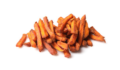 Delicious sweet potato fries on white background