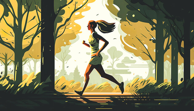 A young woman jogging in nature, generative Al.