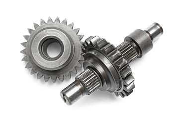 Stainless steel gears on white background, top view