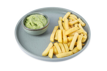 Plate with delicious french fries and avocado dip isolated on white