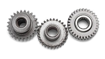 Different stainless steel gears on white background