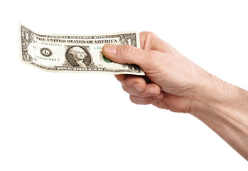 Hand hold one dollar bill isolated on transparent layered background. - 573511126