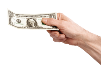 Hand hold one dollar bill isolated on transparent layered background.