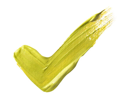 Smear of yellow paint on white background, top view