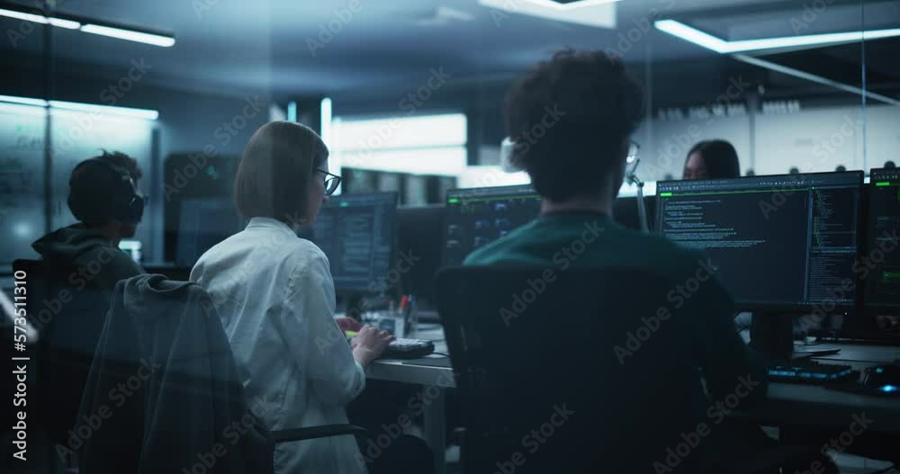 Aufkleber Diverse Software Development Department Working in a Cyber Security Artificial Intelligence Company. Web Engineers Working on a Desktop Computers. Footage from the Back