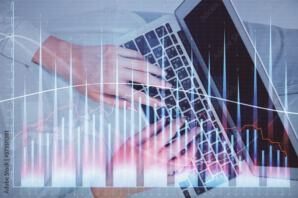 Poster double exposure of woman hands working on computer and forex chart hologram drawing. top view. finan