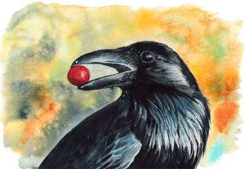 Watercolor picture of a black raven with red berry in its beak