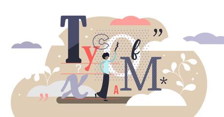Typography illustration, transparent background. Flat tiny writing technique person concept. Artistic text typing for cover. Calligraphy knowledge as geometric handwriting skill.