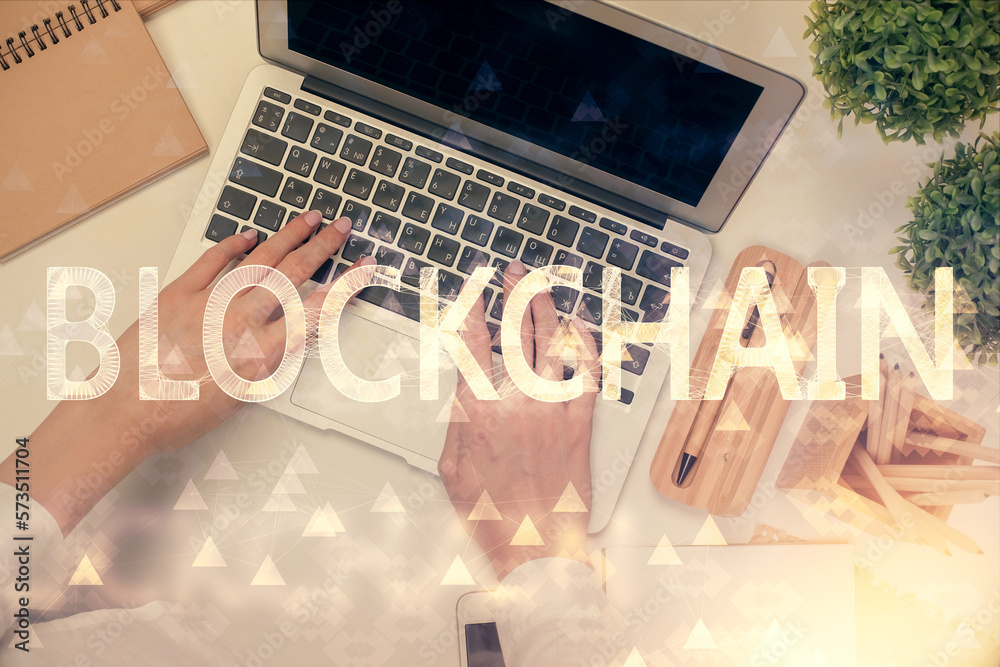 Poster Double exposure of woman hands working on computer and blockchain theme hologram drawing. Top View. bitcoin cryptocurrency concept.