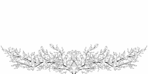 A beautiful blooming branch, richly decorated with flowers, buds, and leaves. Hand drawing.