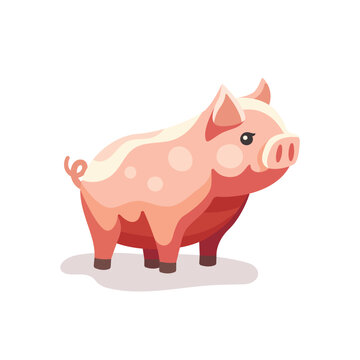 Cute pig vector flat illustration isolated on white background. Colorful farm animal piggy cartoon character.