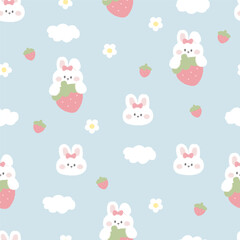 Cute kawaii seamless pattern. Cute Bunny. Rabbit and strawberry, sky, clouds. Vector