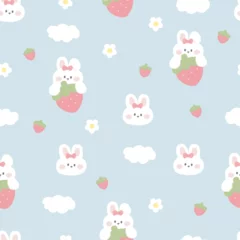 Papier Peint photo Des jouets Cute kawaii seamless pattern. Cute Bunny. Rabbit and strawberry, sky, clouds. Vector