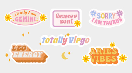 Zodiac signs. Gemini, Cancer, Taurus, Leo, Virgo, Aries. Funny stickers. Vector