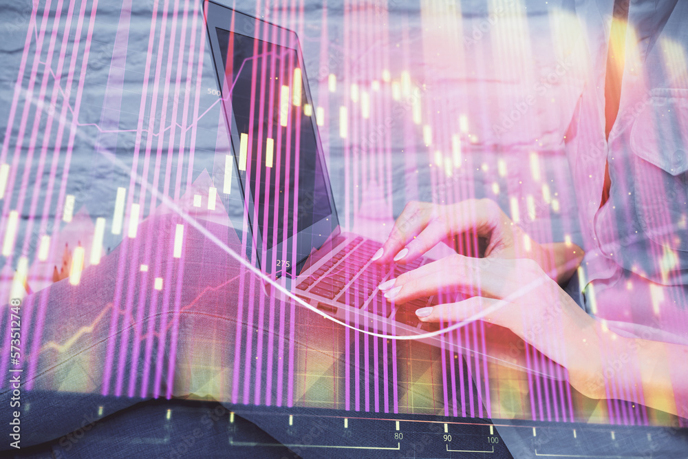 Aufkleber multi exposure of woman hands typing on computer and forex chart hologram drawing. stock market anal