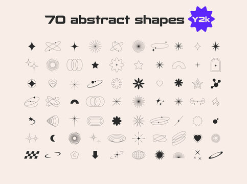 Y2k aesthetic minimal elements. Geometric lines, frames, stars. Vector