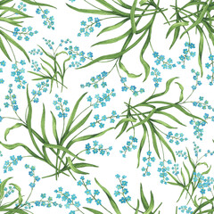 Seamless pattern with spring bouquet of little blue forget-me-nots flowers. Hand drawn watercolor painting illustration isolated on white background.