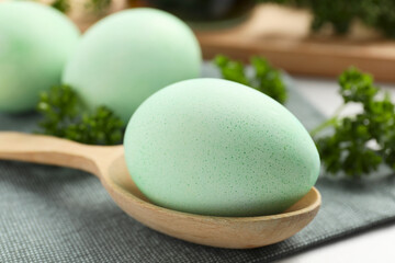 Turquoise Easter eggs painted with natural dye and curly parsley on table, closeup
