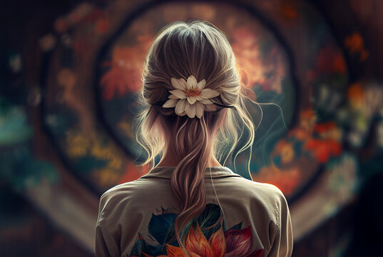 Back view of woman standing in front of a flowering wall. Created with Generative AI technology.