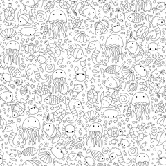 Vector cute marine life doodle seamless pattern. Beautiful vector design