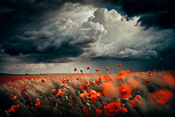 Poppy field under blue cloudy sky. Generative AI