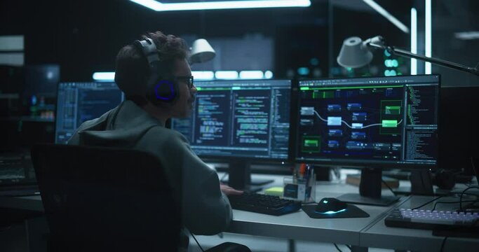 Young Hacker Working Alone, Hacking Corporate Data Servers From His Underground Hideout. Hacktivist Organizes a Massive Data Breach Cyber Attack, Hiding His Identity Behind Multiple Proxy Servers