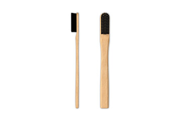 Two eco-friendly bamboo toothbrushes isolated on white background top view. 3d rendering.