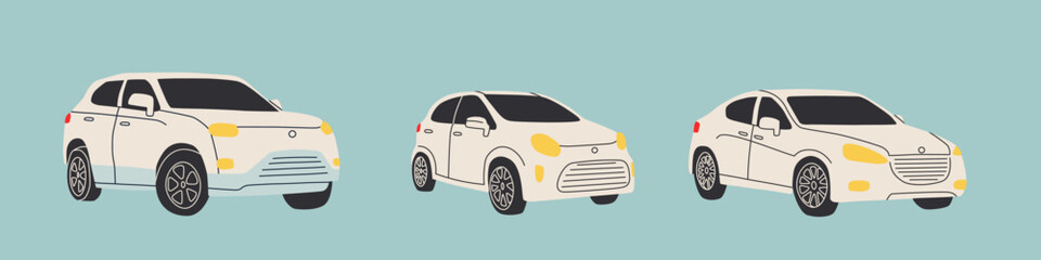 Set of different cars. Vehicles - Crossover, hatchback and sedan. Vector flat illustration. - obrazy, fototapety, plakaty