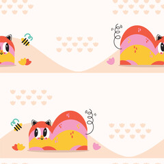 Vector Modern Abstract Palyful Kitty with Bee Children Design seamless pattern background. Perfect for web design, fabric, scrapbooking and wallpaper projects.